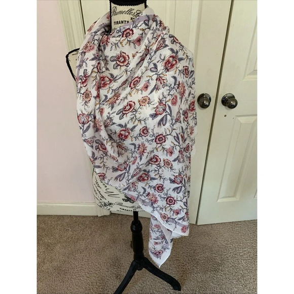 Ann Taylor LOFT Floral Print Raw Hem Scarf Shawl Beige Red Purple 26X74 NWT - Picture 7 of 7